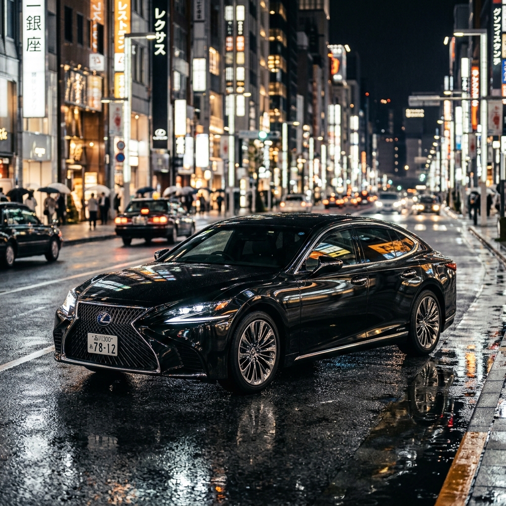 Carro premium japonês sob as luzes de Tóquio